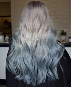 Light Blue Balayage, Icy Blue Balayage, Icy Blue Blonde Hair, Silver Hair With Blue Tips, White To Blue Hair, Blue Toned Blonde Hair, Blue Balayage Blonde, Platinum Blue Hair, Periwinkle Highlights Blonde