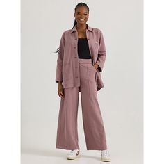 For layers that are next level, there’s nothing like a good wide-leg trouser to make an outfit. With a pull- on style that drapes into a wide leg, the Women's High Rise Wide Leg Pull On Pant brings presence everywhere they go. Made from a soft cotton blend, they have a comfortable feel that gets better with every wear. 70% Cotton, 24% Polyester, 6% Elastane. Dreamy Mauve. XXL / 32 Inches (L). Trendy Relaxed Fit Wide Leg Pants For Work, Spring Oversized Wide Leg Work Pants, Trendy Wide Leg Pants For Workwear, Oversized Wide Leg Pants For Fall Workwear, Spring Oversized Solid Wide Leg Pants, Oversized Wide Leg Straight Pants For Work, Versatile Elevated Casual Wide Leg Pants With Pockets, Oversized Wide Leg Pants For Workwear, Chic Wide Leg Pants For Elevated Casual Occasion