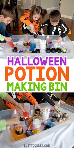 kids are making halloween pots on a table with text overlay that reads, halloween potton making bin