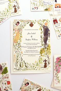 the wedding stationery is surrounded by cards and envelopes