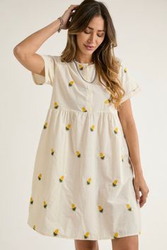 The Embroidered Pineapple Dress in Cream Midi Dress Sleeves, Lemon Embroidery, Embroidered Pineapple, Pineapple Dress, Dress Sleeves, Cute Pineapple, Short Sleeve Midi Dress, Timeless Dress, Midi Short Sleeve Dress