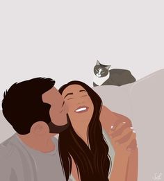 a man and woman laying on top of a bed next to each other with a cat in the background