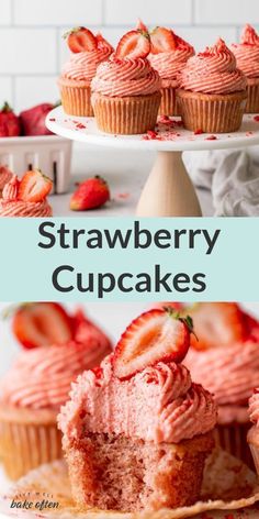 strawberry cupcakes with pink frosting and strawberries on the top one is cut in half