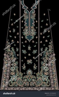 an ornate black background with blue and green flowers on it, in the center is a floral