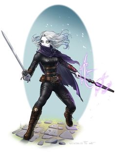 a drawing of a woman with white hair holding two swords in one hand and standing on the ground