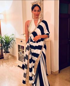 #saree #outfit #indianfashion White And Gold Saree, Striped Saree, Sarees Black, Black And White Saree, Saree Outfit, Embellished Saree, Drape Sarees, Saree Women, Embellished Fabric