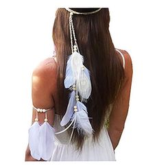 PRICES MAY VARY. Trendy and fashionable; Suitable for photography, party, wedding, performance, cosplay, festivals, carnivals, costume party, etc Material: Feather, beads, braided strap Perfect For Native american indian costume fashion accessory Adjustable braided strap make it suitbale for women . Package: 2pcs(1 x Headband, 1 x armband) Great accessory and gift Diy Feather Headband, Bohemian Headband, Anklet Tattoos, Wedding Hairband, Curls For Long Hair, White Bohemian, Headpiece Hairstyles, Women's Fashion Set, Feather Headband