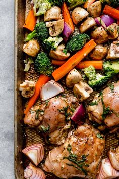 chicken, broccoli and carrots in a baking dish