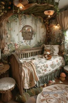 a bedroom decorated in an old world style with flowers and leaves on the walls, curtains, bedding, and pillows