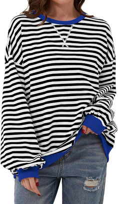 Women Striped Oversized Sweatshirt Color Block Crew Neck Long Sleeve Shirt Casual Pullover Top Fall Y2K Clothes Stripe Sweatshirt, Casual Pullover Sweater, Brown Sweatshirt, Oversize Pullover, Pull Oversize, Casual Long Sleeve Shirts, Striped Sweatshirts, Y2k Clothes, Loose Pullover