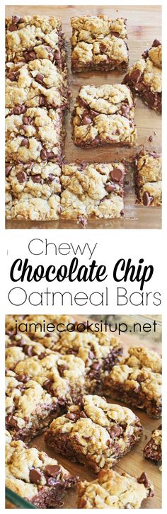 chewy chocolate chip oatmeal bars with text overlay