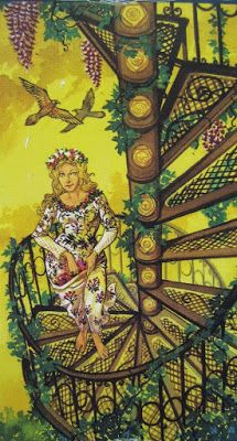 a painting of a woman sitting on top of a spiral staircase