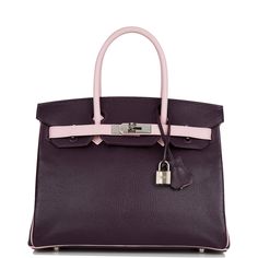 This Special Order Birkin is in Raisin and Rose Sakura chevre leather with palladium hardware and has tonal stitching, front flap, two straps with center toggle closure, clochette with lock and two keys, and double rolled handles.The interior is lined with Rose Sakura chevre and has one zip pocket with an Hermes engraved pull and an open pocket on the opposite side.Collection: XOrigin: FranceCondition: Preowned; Excellent - The structure is retained throughout bag. The exterior leather has some Hermes Special Order, Birkin Bags, Birkin 30, Hermes Birkin 30, Hermes Box, Looks Vintage, Hermes Birkin, Birkin Bag, Raisin