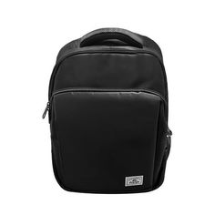 a black backpack is shown on a white background and it's zippered to the side