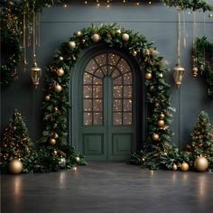 a green door surrounded by christmas decorations and lights