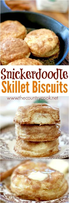 pancakes are stacked on top of each other with the words, chickenroodlee skillet biscuits