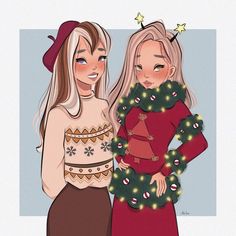 two women standing next to each other wearing christmas sweaters