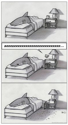 two pictures of a bed with a shark head on it, and another drawing of a shark