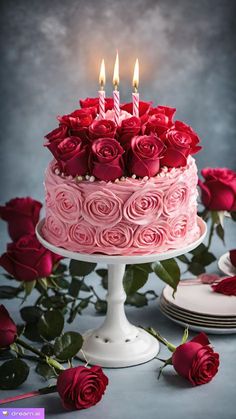 a birthday cake with pink frosting and roses