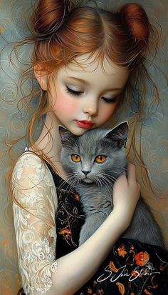 a painting of a girl holding a gray cat with her face close to her chest