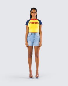 Nothing beats a casual slay 🙌 Featuring a yellow graphic jersey top and a pair of blue denim cutoff shorts, this effortless two-piece set is the perfect everyday it-girl look 💛 Casual Summer Cutoff Tops, Casual Denim Crop Top With Short Sleeves, Casual Short Sleeve Denim Crop Top, Sporty Cotton Jean Shorts For Summer, Sporty Denim Jean Shorts For Summer, Sporty Denim Shorts, 90s Inspired Cotton Crop Top For Summer, Trendy Yellow Cutoff Shorts, Blue Graphic Print Short Tops