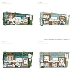 three floor plans showing the different rooms and bathrooms in each room, with an outdoor swimming pool