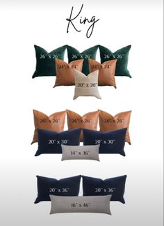 the king pillow is shown in different colors and sizes, including blue, brown, green,