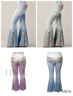 Ebeek - Womens Plus Size Casual Trousers: Denim Print Flare Pants with Slight Stretch and Contrast Floral Panel Print Flare Pants, Printed Flare Pants, Denim Print, Casual Trousers, Plus Size Casual, Flare Pants, Long Length, Types Of Printing, Print Patterns