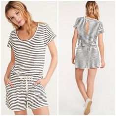 Lou & Grey Striped Romper! Navy And White Striped Romper Shorts Short Sleeve With Cuff Elastic Waist With Tie Key Hole In Back With Button Closure White Short Sleeve Jumpsuits And Rompers For Loungewear, Casual White Short Sleeve Jumpsuits And Rompers, Casual Striped Jumpsuits And Rompers For Loungewear, Casual Striped Jumpsuits And Rompers For Day Out, Casual White Jumpsuits And Rompers For Loungewear, Plaid Jumpsuit, Gray Romper, Loungewear Jumpsuit, Linen Romper