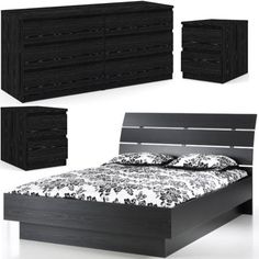 a bed, dresser and night stand are shown in three different views with the same furniture