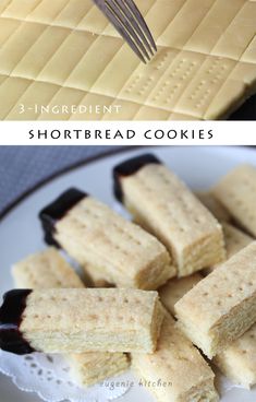 several pictures of shortbread cookies with yellow icing and chocolate on the top, in different stages of being made