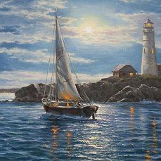 a painting of a sailboat in the water near a light house with a full moon behind it