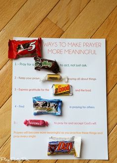 an easy way to make prayer cards for the kids with candy bars and chocolate bar wrappers