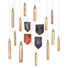 Transform your party room into the Great Hall with this creative Harry Potter hanging decoration kit! The 20 metallic gold candles appear to float in the air with the help of clear line of varying lengths. Then hang the banners of all four Hogwarts houses. pbHarry Potter Metallic Hogwarts United Cardstock Hanging Decorations product details:-b-p ul li20 candles 10in tall-li li4 banners 7in tall-li liAttached clear line for hanging-li li5 each of 4 clear line lengths on candles: 35in 30in 25in an Harry Potter Tableware, Hanging Paper Decorations, Fake Candles, Paper Party Decorations, Harry Potter Theme Party, Paper Candle, Harry Potter Birthday Party, Party Room, Hanging Candles