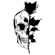 a black and white drawing of a skull with leaves on it's head, in front of a white background