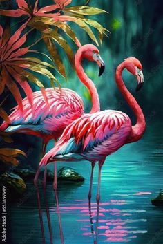 two pink flamingos are standing in the water