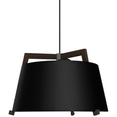 a black lamp hanging from the ceiling with a wooden frame and metal bar at the bottom