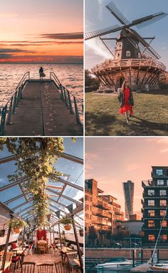 four different views of windmills and buildings at sunset, from the ground up to the water's edge