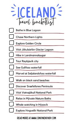 the iceland travel checklist is shown in black and white