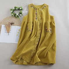 Material: Cotton. Linen Measurement cm in Shoulder 36 14.17 Bust 120 47.24 Length 100 39.37 Corduroy Dresses For Spring, Sleeveless Corduroy Summer Dress, Spring Casual Corduroy Dress, Casual Spring Corduroy Dress, Cottagecore Dresses, Embroidered Corduroy, Dresses Autumn, Cottagecore Clothes, Dress Cottagecore