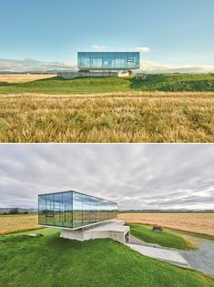 two pictures side by side with grass and water