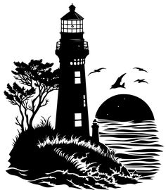 a black and white drawing of a lighthouse with birds flying over the water at sunset