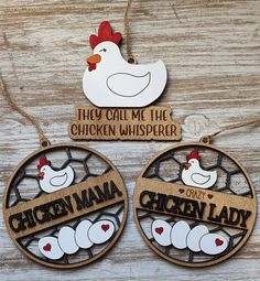 chicken mama ornament set on wooden background