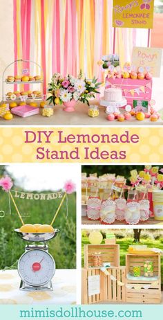 lemonade stand with pink, yellow and green decorations on it is featured in this collage