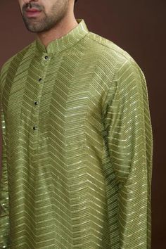 Shop for Kasbah Green Silk Chevron Pattern Sequin Work Kurta for Men Online at Aza Fashions Kurta Set Men, Kurta Men, Men Kurta, Sequins Embroidery, Fabric Silk, Kurta Set, Green Silk, Chevron Pattern, Mandarin Collar