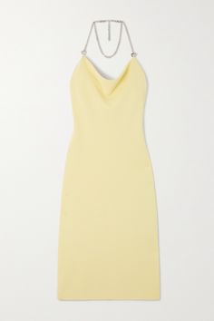 Turn heads this party season with Bottega Veneta's dress. Knitted in a buttery yellow shade, it has a cowl neckline and low back that adds to its sultry glamour. You can forgo a necklace thanks to the draped chain embellishment. Bottega Veneta Dress, Yellow Outfits, New York Outfits, Yellow Clothes, Valentino Dress, Dress Gallery, Yellow Outfit, Ladies Tops, Summer Color