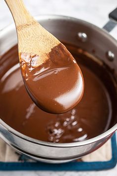 a wooden spoon in a pot filled with chocolate