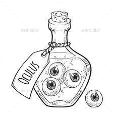 an ink drawing of a bottle with eyeballs on it and a tag hanging from the top