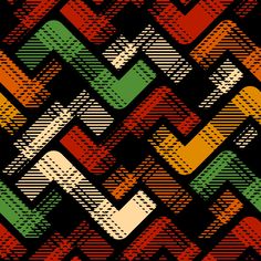 an abstract geometric pattern in red, orange, green and yellow colors on a black background