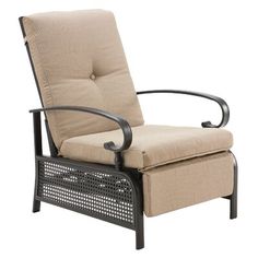 an outdoor chair with a beige cushion and black metal frame, on a white background